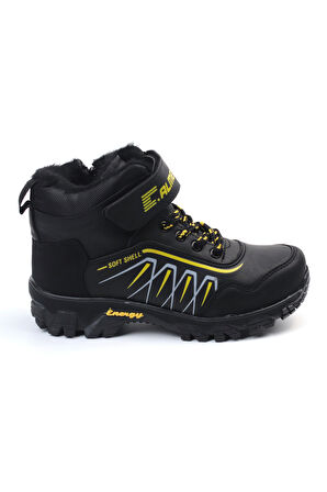 Unisex Çocuk Siyah Sarı İçi Kürklü Kışlık Termo Taban Suya Soğuğa Dayanıklı Günlük Rahat Outdoor Bot