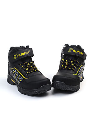 Unisex Çocuk Siyah Sarı İçi Kürklü Kışlık Termo Taban Suya Soğuğa Dayanıklı Günlük Rahat Outdoor Bot