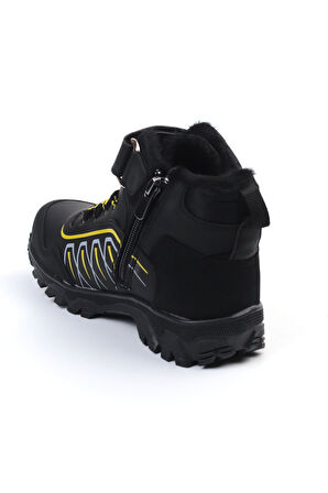 Unisex Çocuk Siyah Sarı İçi Kürklü Kışlık Termo Taban Suya Soğuğa Dayanıklı Günlük Rahat Outdoor Bot