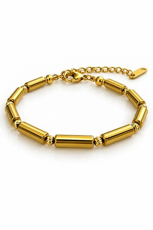 Gold Hematit Doğal Taş Kadın Bileklik | 4×13 mm Silindir Kesim | Dorika Detaylı Özel Tasarım