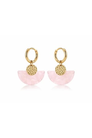 Pembe Kuvars Doğal Taş Kadın Küpe - Yelpaze Model Gold Renk, Sallantılı