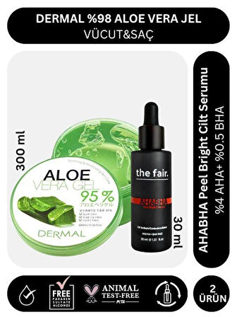 Dermal %98 Aloe Vera Jel Saç Cilt ve Vücut için Nemlendirici 300 ml ve the fair. Ahabha 30 ml Serum