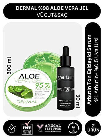 Dermal %98 Aloe Vera Jel Saç Cilt ve Vücut için Nemlendirici 300 ml ve the fair. Arbutin 30 ml Serum