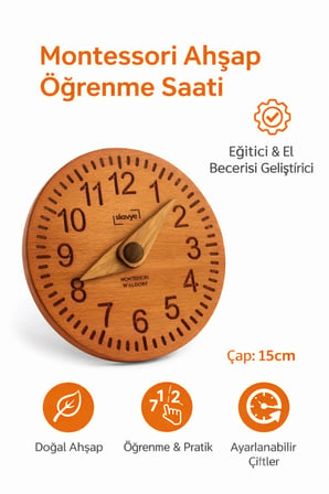 Masif Ahşap Montessori & Waldorf Modeli Saat Oyuncağı | Saat Öğrenme, Eğitici Oyun & Zeka Gelişimi