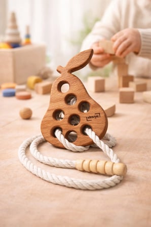 Masif Ahşap Montessori & Waldorf İp Geçirme İnce Motor Geliştirici Eğitici Oyuncak / Armut