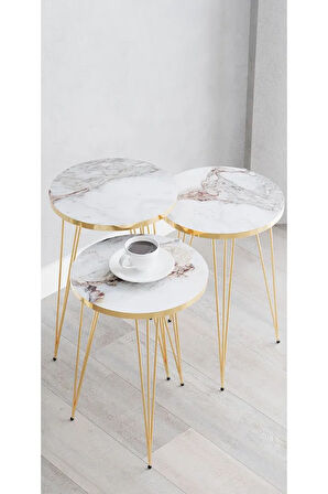Zigon Sehpa, Beyaz Mermer Gold Tel Ayak, Gold Zigon Sehpa, 3lü Zigon Sehpa, Gold Sehpa, Altın Rengi