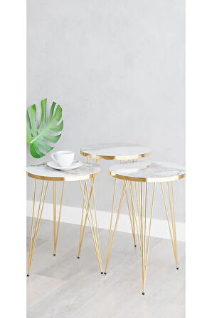 Zigon Sehpa, Beyaz Mermer Gold Tel Ayak, Gold Zigon Sehpa, 3lü Zigon Sehpa, Gold Sehpa, Altın Rengi