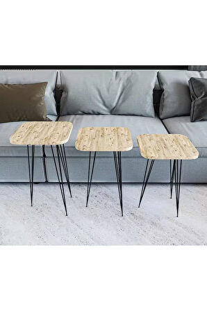 Zigon Sehpa 3'lü Kare Takım Beyaz Mermer Desenli Siyah Tel Ayaklı
