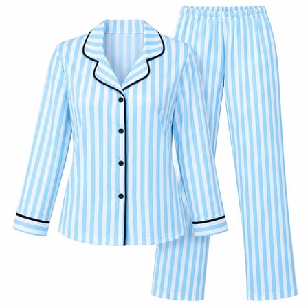 Alperi Büyük Beden Kadın Viskon Uzun Kollu Çizgili Düğmeli Pijama Takımı