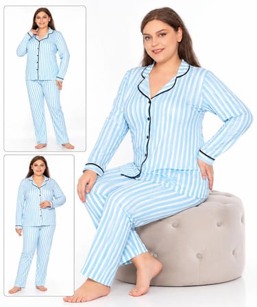 Alperi Büyük Beden Kadın Viskon Uzun Kollu Çizgili Düğmeli Pijama Takımı