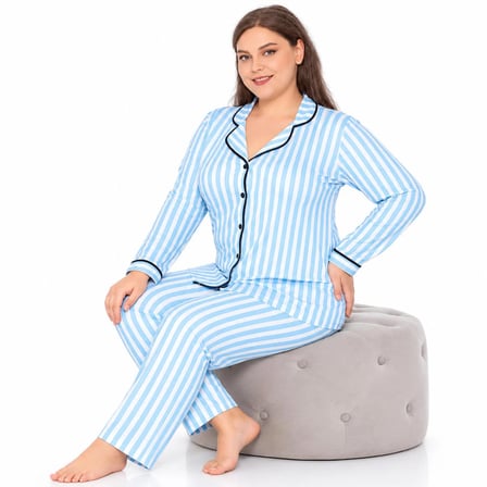 Alperi Büyük Beden Kadın Viskon Uzun Kollu Çizgili Düğmeli Pijama Takımı