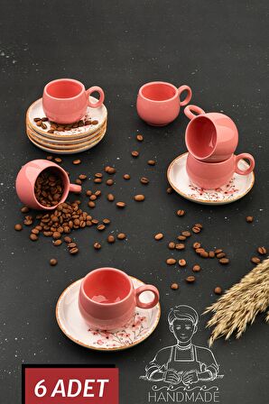 Lavinya 12 Parça Lüx Seramik 6 Kişilik Kahve Fincan Takımı Kahve Fincanı Handmade El Yapımı Pembe