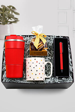 500 ML Kırmızı Termos & Geometrik Detaylı Kupa & Kırmızı Roller Kalem & Godiva Çikolata Hediye Seti