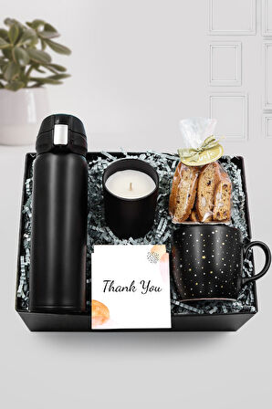 500 ML Siyah Kilitli Termos & Yıldız Siyah Mat Kupa & Vanilya Bardak Mum & Kurabiye Hediye Seti