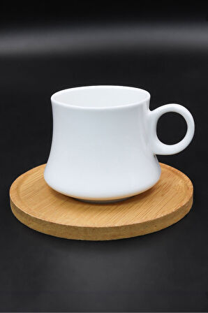 2'li Bambu Tabaklı Beyaz Fincan & Ahşap Beyaz Çerçeve & Godiva Napoliten Çikolata Hediye Seti