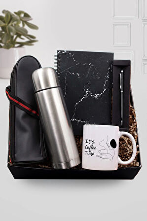 Deri Çantalı Gri Termos & Mermer Desenli Defter & Kalın Siyah Touch Pen & Çizgi Harf Kupa Hediye Set