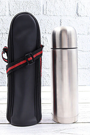 Deri Çantalı Gri Termos & Mermer Desenli Defter & Kalın Siyah Touch Pen & Çizgi Harf Kupa Hediye Set