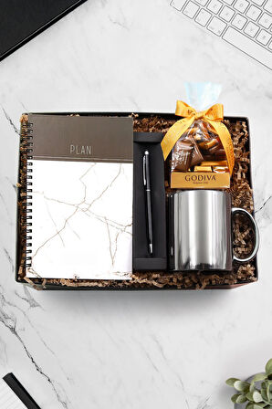 Beyaz Mermer Defter & Siyah Touch Pen & Gümüş Kupa & Godiva Napoliten Çikolata Hediye Seti