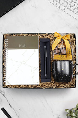 Mermer Desenli Defter & Siyah Touch Pen & Yıldız Siyah Kupa & Godiva Napoliten Çikolata Hediye Seti