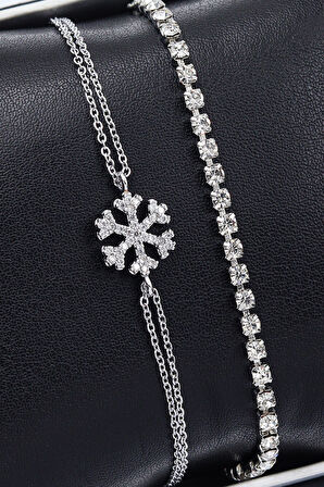 Taş Detaylı Kadın Kol Saati & Kar Tanesi Bileklik & Su Yolu Bileklik Hediye Seti