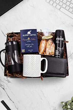 Erkek Cüzdan & French Press & Kupa & Deodorant & Alerya Filtre Kahve & Kurabiye Hediye Seti