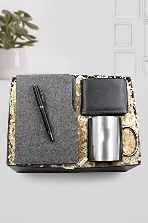 Gri Defter & Siyah Kalın Metalik Roller Kalem & Siyah Deri Cüzdan & Gümüş Kupa Hediye Seti