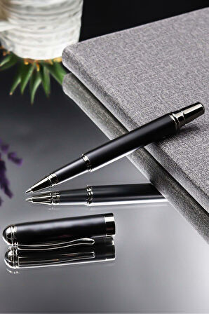 Gri Defter & Siyah Kalın Metalik Roller Kalem & Siyah Deri Cüzdan & Gümüş Kupa Hediye Seti