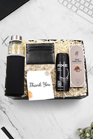 Siyah Kartlık ve Erkek Deodorant ve Kılıflı 500Ml Su Matarası ve  Kolonya Hediye Seti
