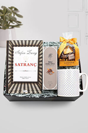 Özel Satranç Kitabı & Rebul Kolonya & Gold Detaylı Kupa & Godiva Napoliten Çikolata Hediye Seti