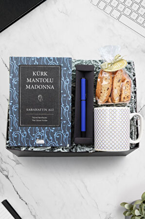 Mavi Roller Kalem Kürk Mantolu Madonna Kitabı  Gold Detaylı Kupa  Bademli Kurabiye Hediye Seti