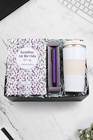 Beyaz Çelik Termos & Mor Roller Kalem & Kendine Ait Bir Oda Kitabı Hediye Seti