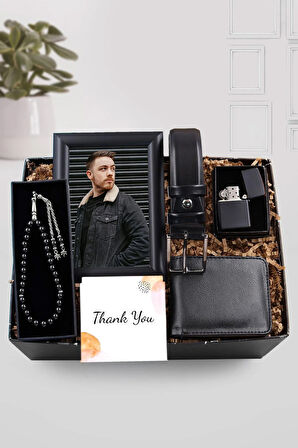 Siyah Çerçeve & Siyah Deri Kemer & Siyah Tesbih & Siyah Deri Cüzdan & Zippo Tarzı Çakmak Hediye Seti