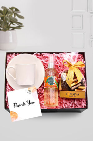 Gold Beyaz Fincan & 150 ml Eyüp Sabri Tuncer Sprey Kolonya & Godiva Napolitan Çikolata Hediye Seti