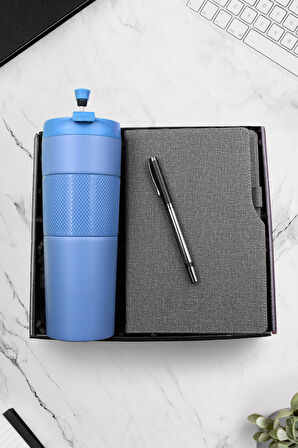 Mavi French Press Özellikli Termos & Termo Deri Gri Defter & Siyah Metalik Roller Kalem Hediye Seti
