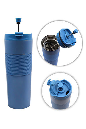 Mavi French Press Özellikli Termos & Termo Deri Gri Defter & Siyah Metalik Roller Kalem Hediye Seti