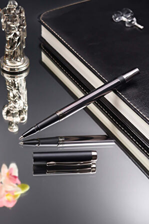 Mavi French Press Özellikli Termos & Termo Deri Gri Defter & Siyah Metalik Roller Kalem Hediye Seti