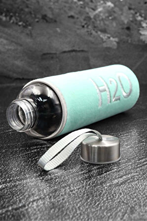 Özel Peluş Kılıflı 600Ml Turkuaz Renk Cam Matara & Gold Detaylı Siyah Tükenmez Kalem Hediye Seti