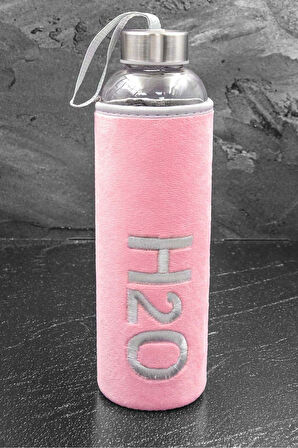 Özel Peluş Kılıflı 600Ml Pembe Renk Cam Matara & Gold Detaylı Siyah Tükenmez Kalem Hediye Seti