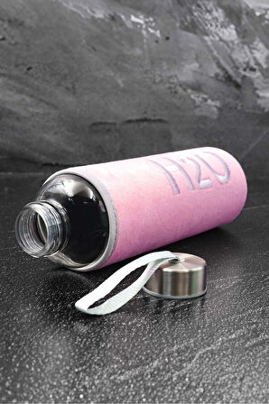 Özel Peluş Kılıflı 600Ml Pembe Renk Cam Matara & Gold Detaylı Siyah Tükenmez Kalem Hediye Seti