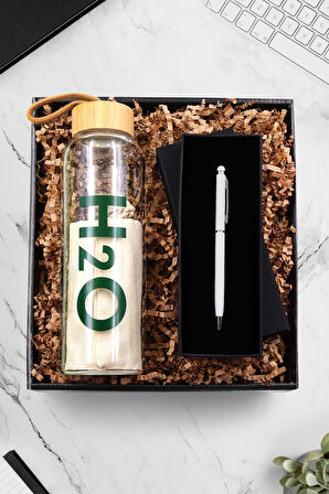 Bambu Kapaklı Cam Matara & Beyaz Touch Kalem Hediye Seti