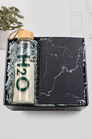 Mermer Desenli Defter & Bambu Kapaklı Cam Matara Hediye Seti