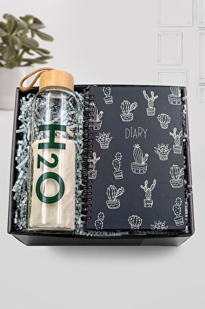 Kaktüs Defter & Bambu Kapaklı Cam Matara Hediye Seti