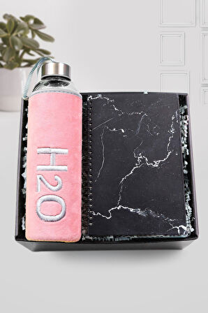 Mermer Desenli Defter & Peluş Kılıflı 600ml Pembe Renk Cam Matara Hediye Setleri