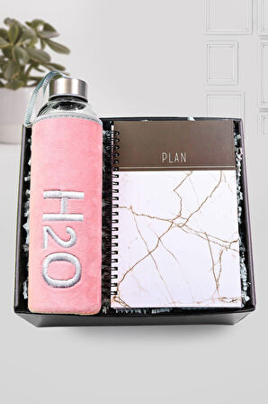Beyaz Mermer Desenli Defter & Peluş Kılıflı 600ml Pembe Renk Cam Matara Hediye Seti
