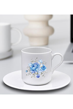Mavi Çiçekli Fincan & Beyaz Çerçeve & Mavi Bardak Mum & Kurutulmuş Çiçek Buketi Hediye Seti