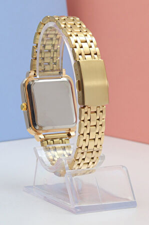 Metal Kordon Kadın Kol Saati & Gold Renkli Mini Yonca Kolye & İncili Toka & Taş Küpe Hediye Seti