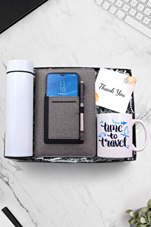 Beyaz Dereceli Termos & Gri Defter & Siyah Metalik Roller Kalem & Seyahat Temalı Kupa Hediye Seti