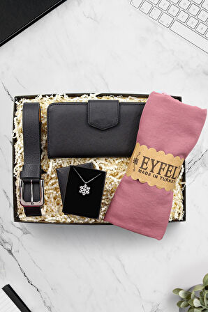 Gümüş Kar Tanesi Kolye & Siyah Cüzdan & Gümüş Kadın Kemeri & Pembe Renk Pamuk Caz Şal Hediye Seti