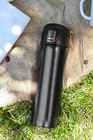 500 ml Siyah Kilitli Içilebilir Kapak Paslanmaz Çelik Termos