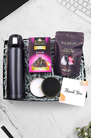 Siyah Kilitli Termos & Beta Tea Karışık Çay & Siyah Kutulu Mum & Patiswiss Bitter Draje Hediye Seti